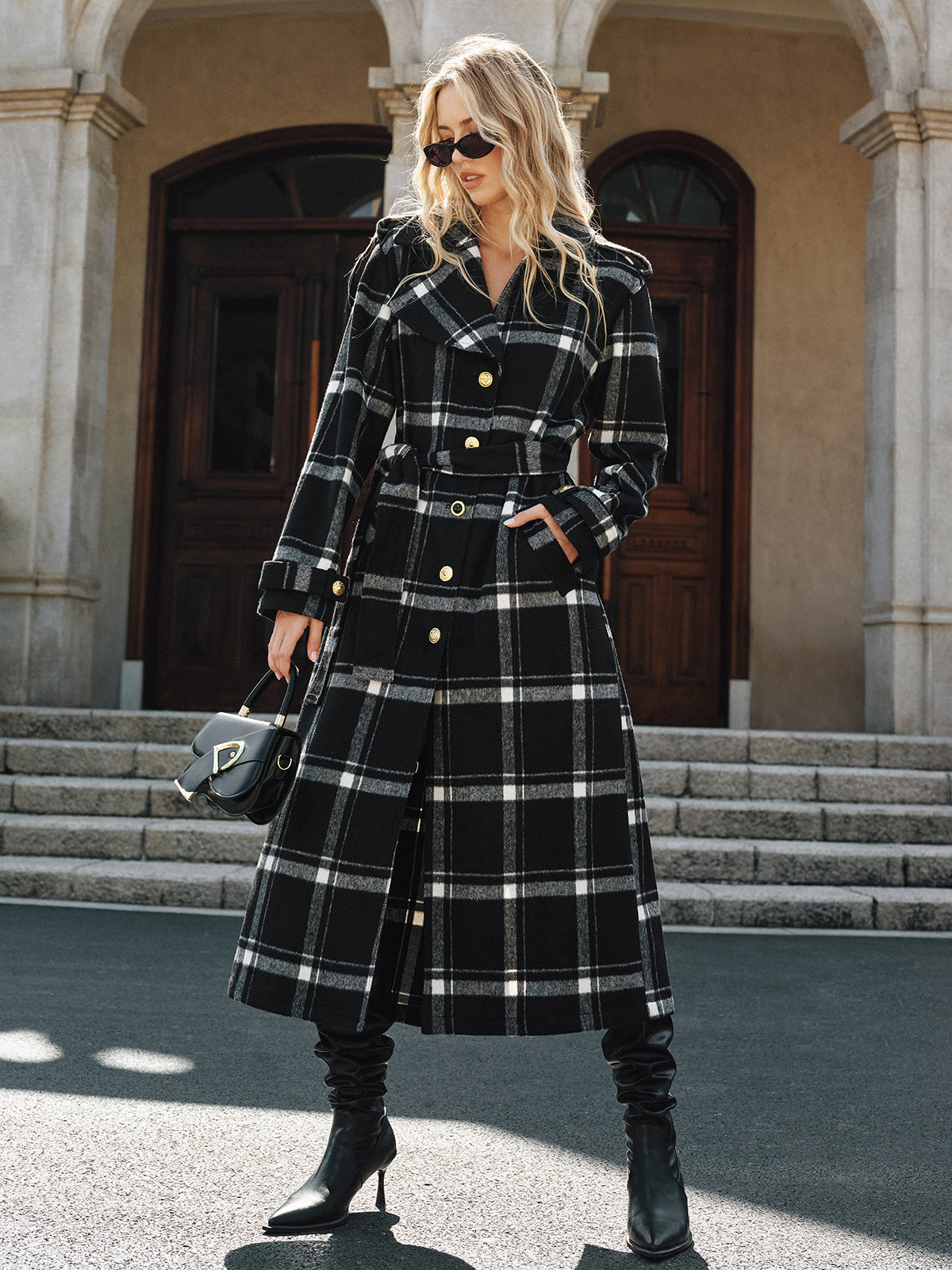 Manteau Trench Long à Carreaux | Chaud et Élégant avec Ceinture