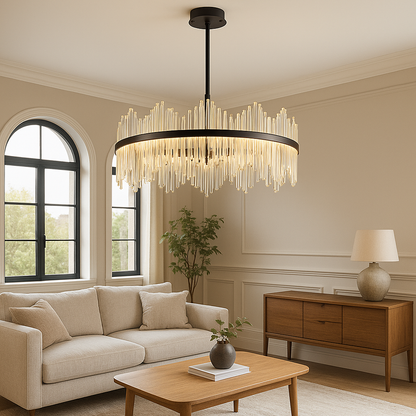Lustre en Cristal Noir | Élégance Contemporaine et Lumineuse