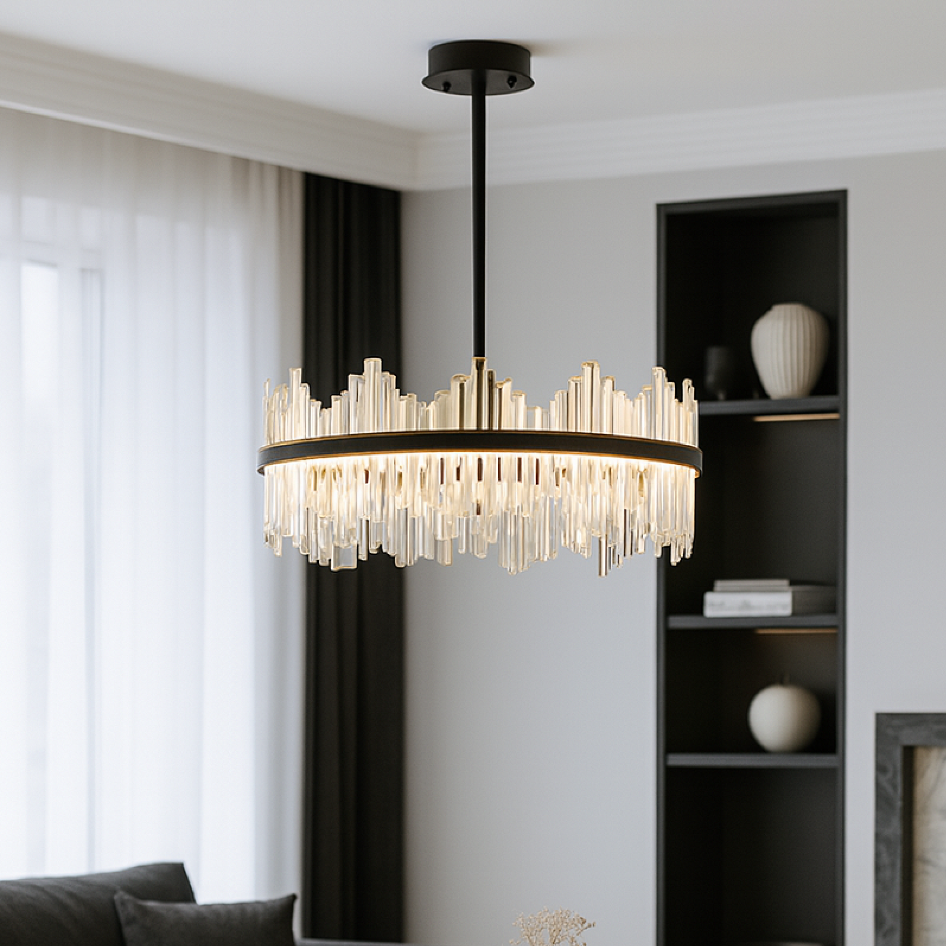 Lustre en Cristal Noir | Élégance Contemporaine et Lumineuse