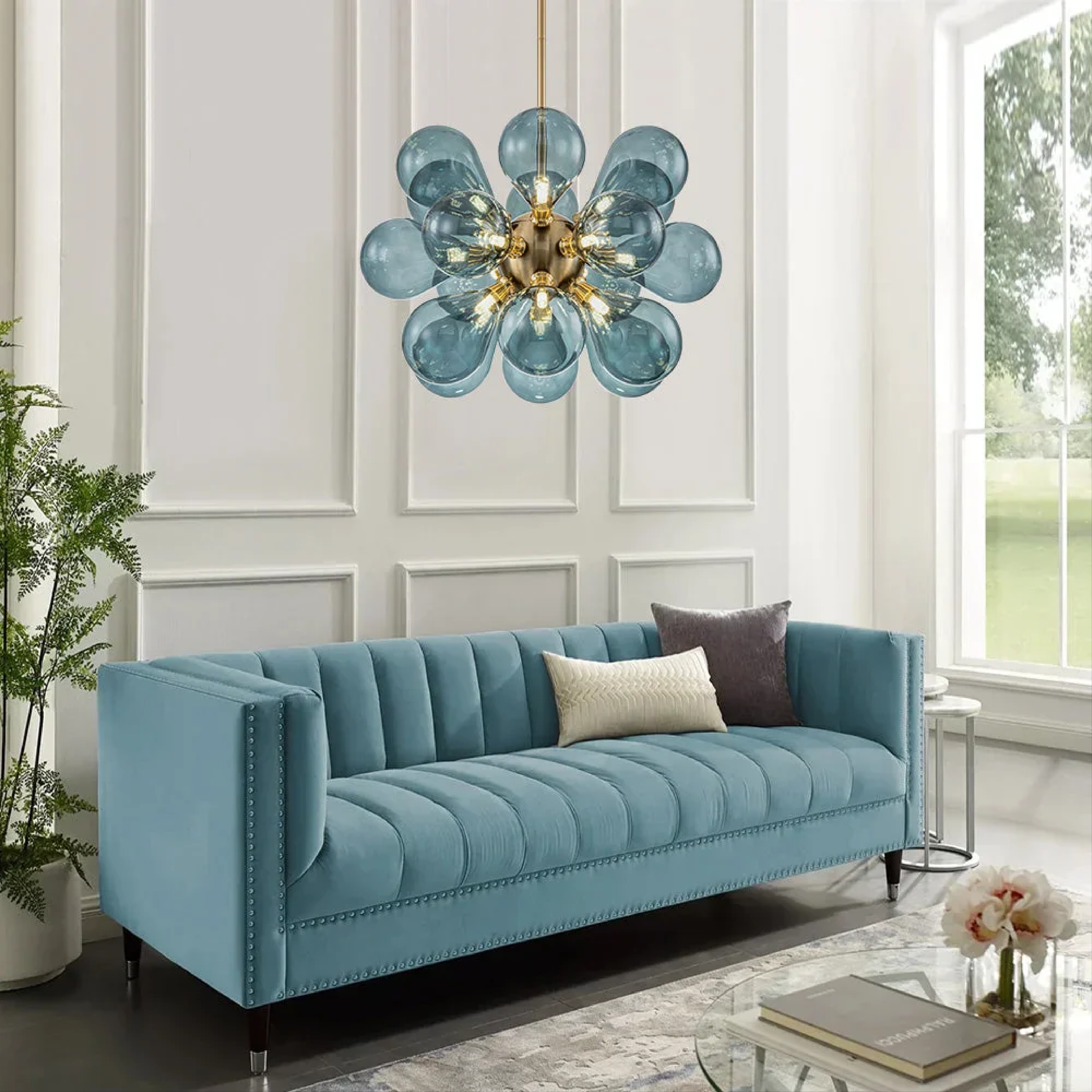 Lustre en Verre Bleu Contemporain | Éclairage Élégant et Accueillant