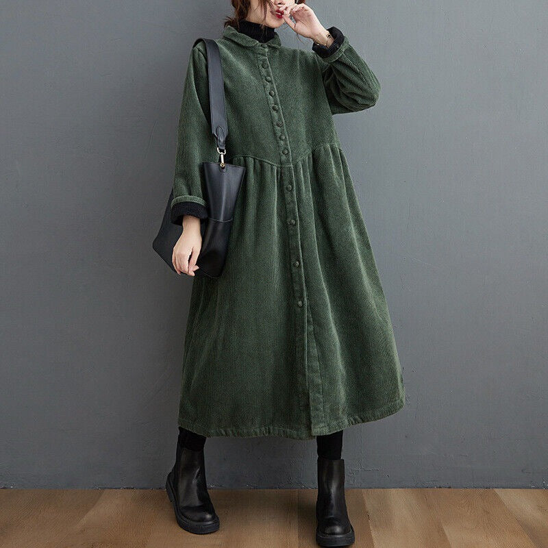 Manteau d'hiver Oversize en Velours Côtelé | Design à Boutons et Longueur Mi-Mollet