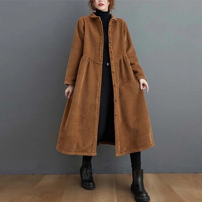 Manteau d'hiver Oversize en Velours Côtelé | Design à Boutons et Longueur Mi-Mollet