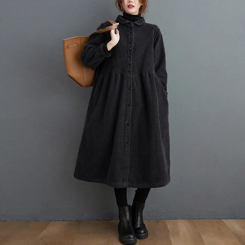 Manteau d'hiver Oversize en Velours Côtelé | Design à Boutons et Longueur Mi-Mollet