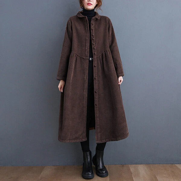 Manteau d'hiver Oversize en Velours Côtelé | Design à Boutons et Longueur Mi-Mollet