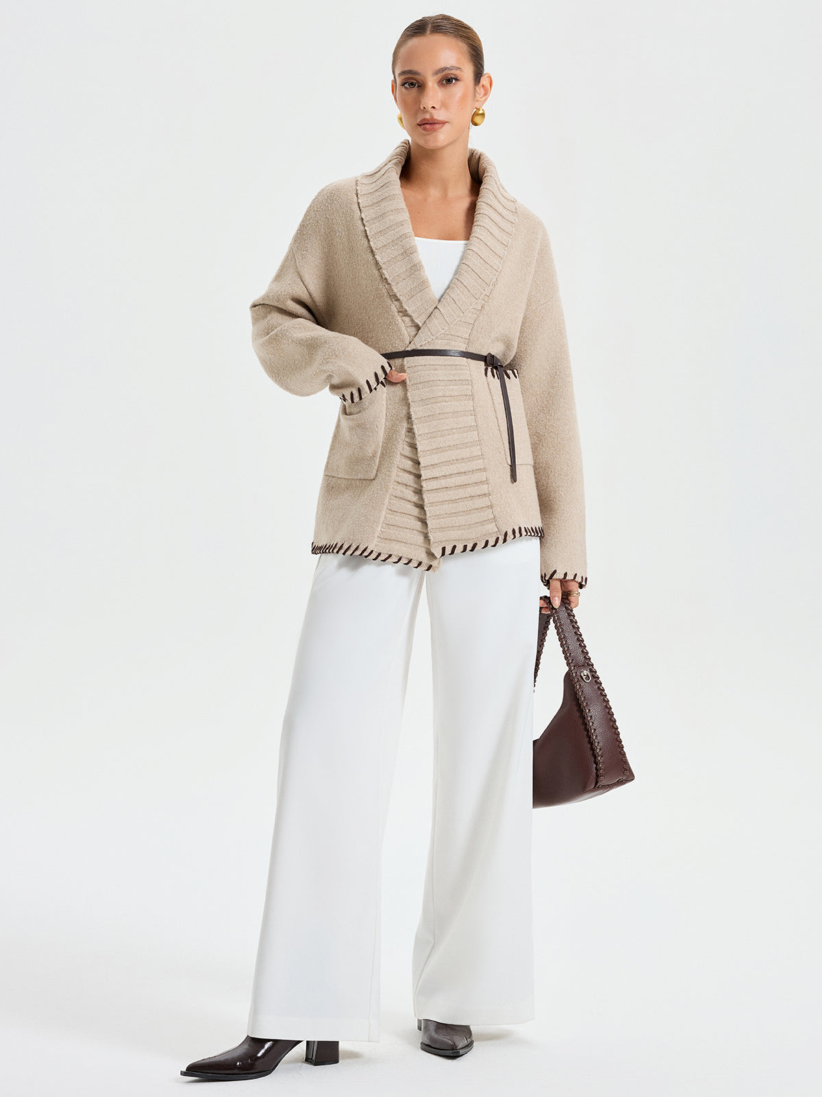 Manteau Tricoté Chaud avec Ceinture | Coutures Contrastées et Ajustement Ample