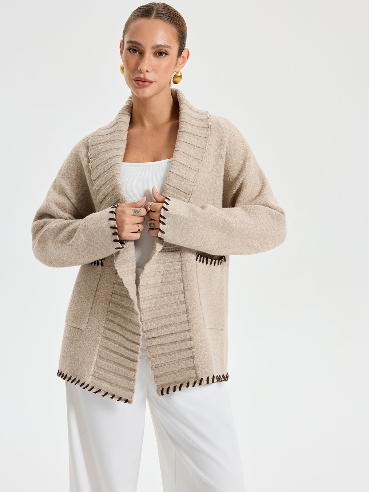 Manteau Tricoté Chaud avec Ceinture | Coutures Contrastées et Ajustement Ample