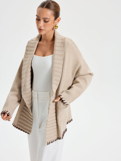 Manteau Tricoté Chaud avec Ceinture | Coutures Contrastées et Ajustement Ample
