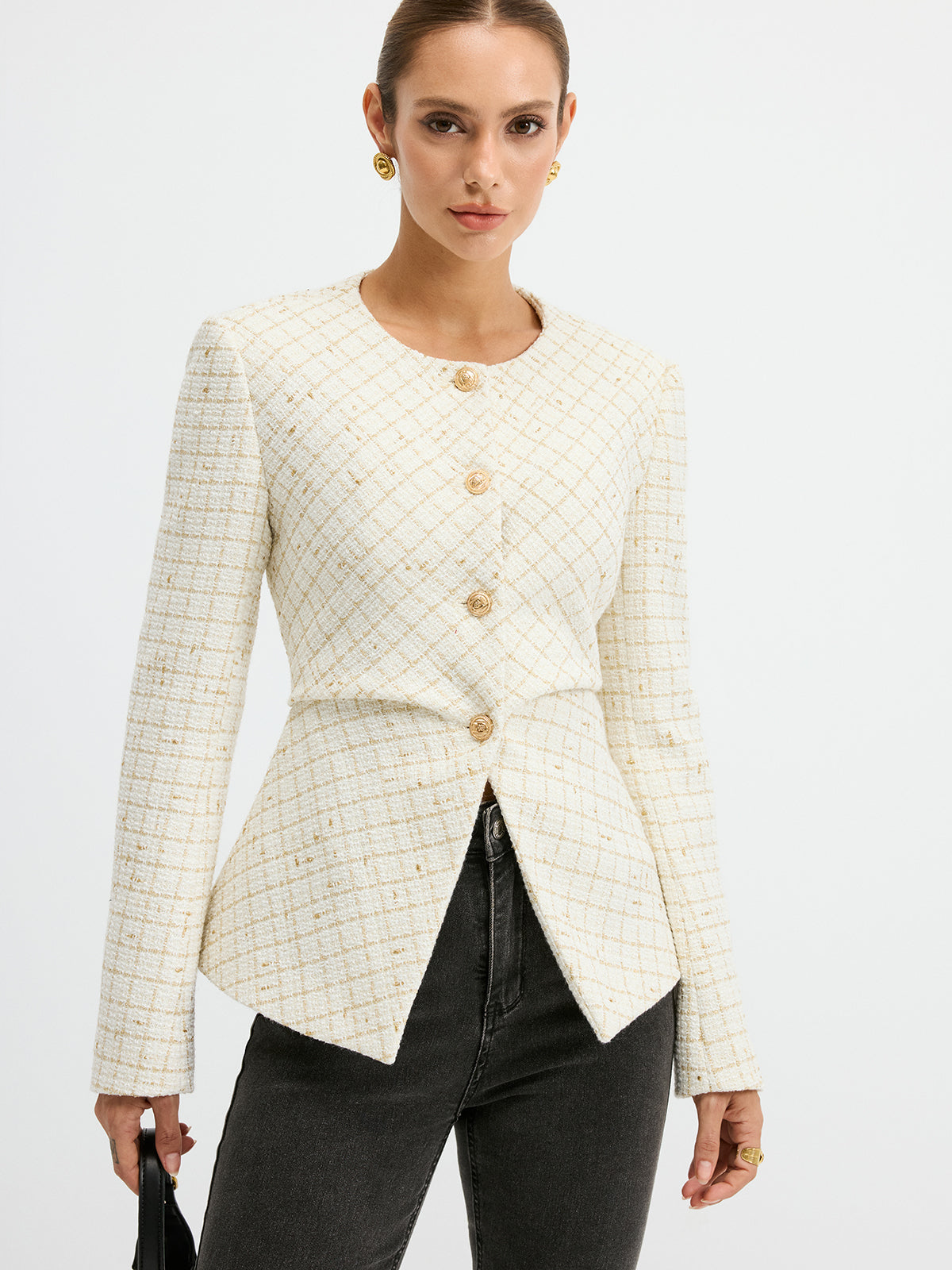 Blazer Cintré en Tweed Élégant | Ajustement Régulier et Manches Longues