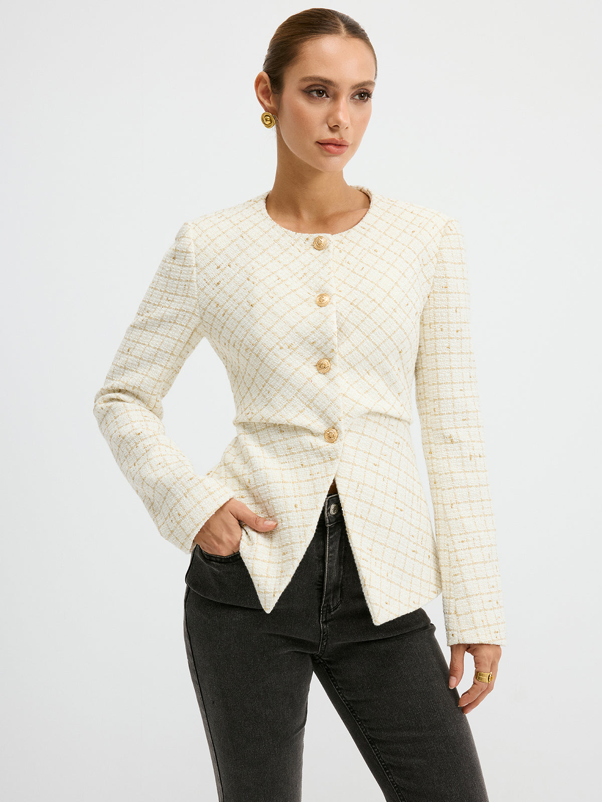 Blazer Cintré en Tweed Élégant | Ajustement Régulier et Manches Longues