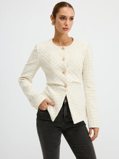 Blazer Cintré en Tweed Élégant | Ajustement Régulier et Manches Longues