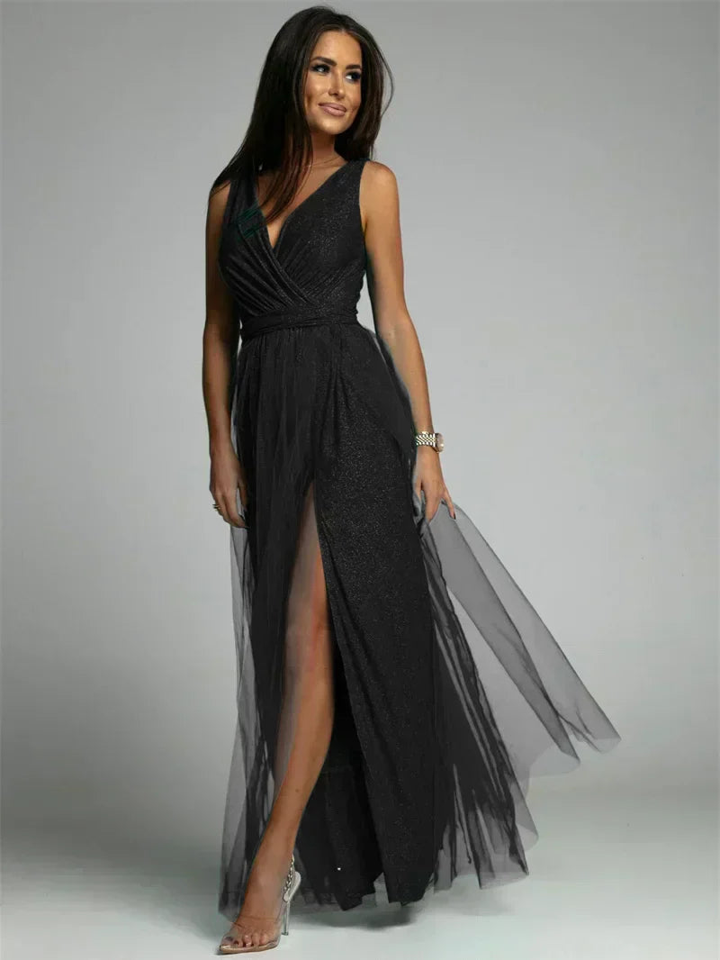 Robe Maxi Élégante avec Panneau en Maille | Confort et Glamour pour Toutes Occasions