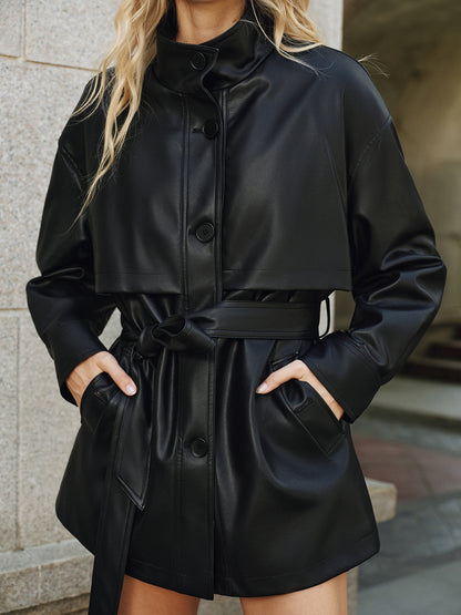 Veste en Cuir Synthétique pour Femme | Col Montant et Ceinture Pratique