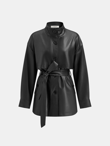 Veste en Cuir Synthétique pour Femme | Col Montant et Ceinture Pratique