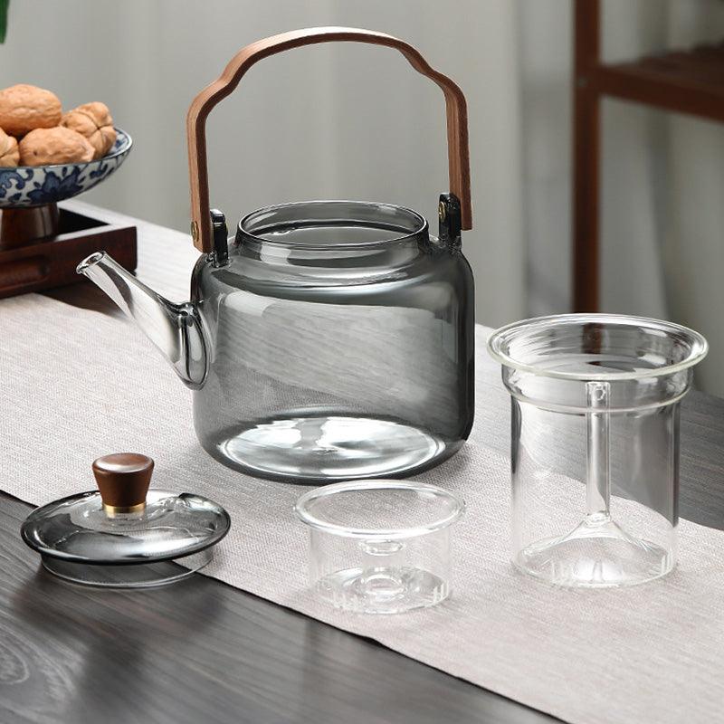 Théière en Verre Fumé avec Poignée en Bois | Élégance et Fonctionnalité pour Déguster le Thé