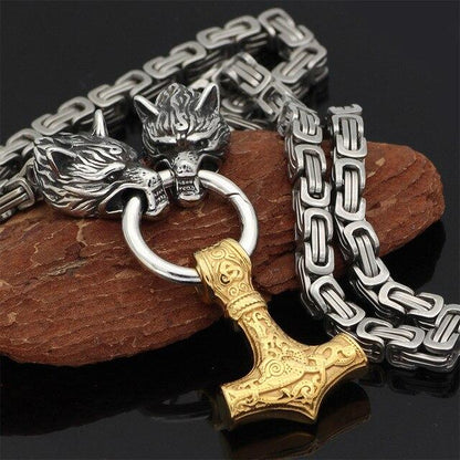 Collier Viking à Tête de Loup | Pendentif Mjolnir en Acier Inoxydable
