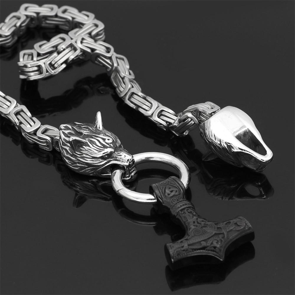 Collier Viking à Tête de Loup | Pendentif Mjolnir en Acier Inoxydable