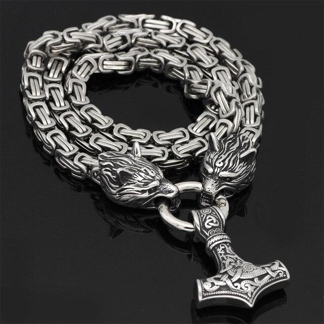 Collier Viking à Tête de Loup | Pendentif Mjolnir en Acier Inoxydable