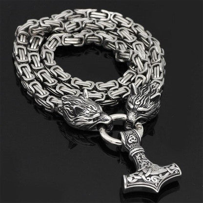 Collier Viking à Tête de Loup | Pendentif Mjolnir en Acier Inoxydable