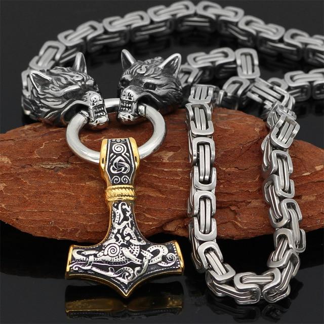 Collier Viking à Tête de Loup | Pendentif Mjolnir en Acier Inoxydable