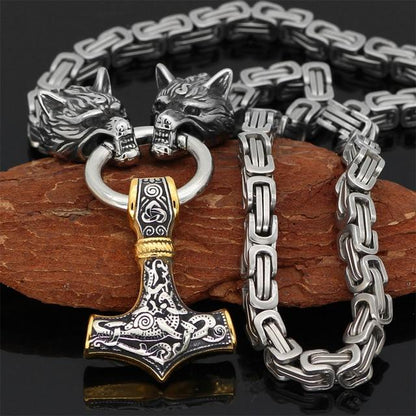 Collier Viking à Tête de Loup | Pendentif Mjolnir en Acier Inoxydable