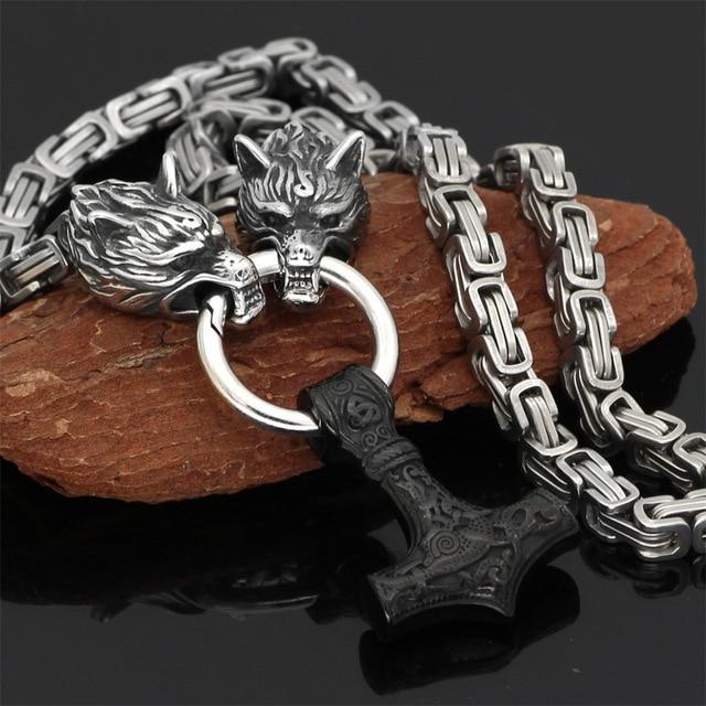 Collier Viking à Tête de Loup | Pendentif Mjolnir en Acier Inoxydable