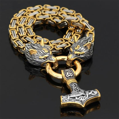 Collier Viking à Tête de Loup | Pendentif Mjolnir en Acier Inoxydable