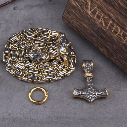 Collier Viking à Tête de Loup | Pendentif Mjolnir en Acier Inoxydable