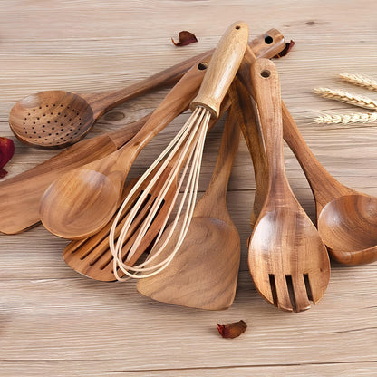 Ustensiles de Cuisine en Teck | Ensemble Élégant de 11 Pièces