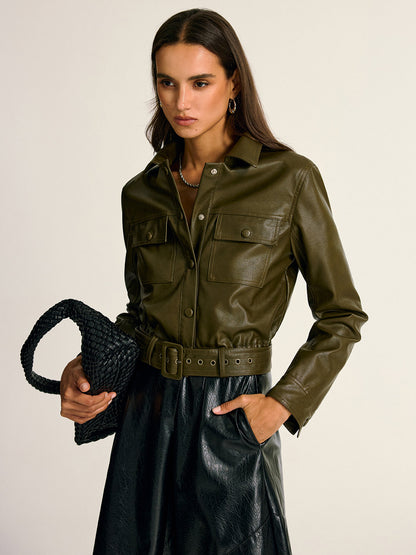 Veste Chemise Cargo en Cuir Synthétique | Ceinturée et Ajustement Slim
