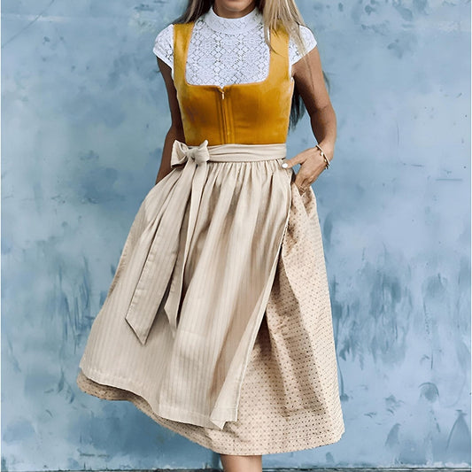 Robe Dirndl Vintage Orange | Tablier Beige pour Look Traditionnel