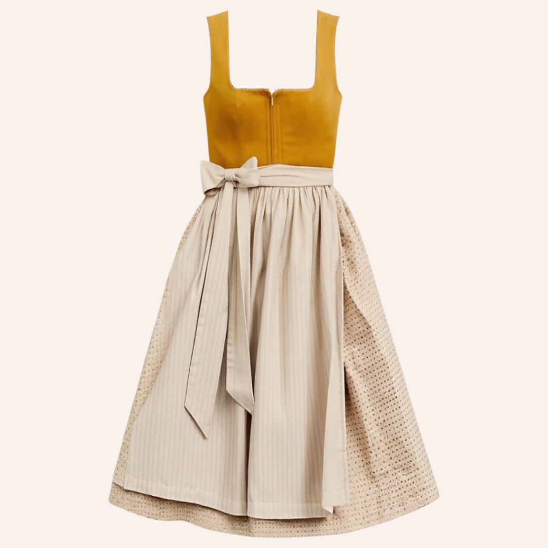 Robe Dirndl Vintage Orange | Tablier Beige pour Look Traditionnel
