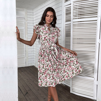 Robe Florale Élégante pour Femmes | Ceinture et Design de Rose d'Été