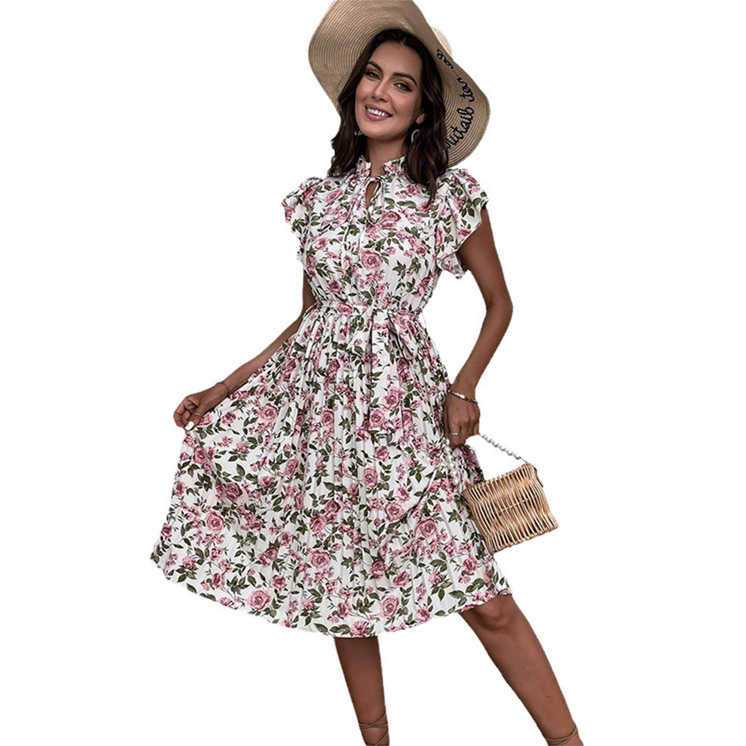 Robe Florale Élégante pour Femmes | Ceinture et Design de Rose d'Été