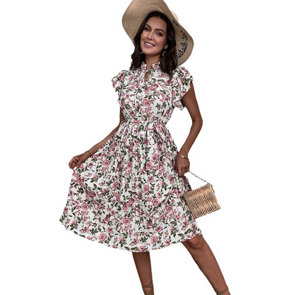 Robe Florale Élégante pour Femmes | Ceinture et Design de Rose d'Été