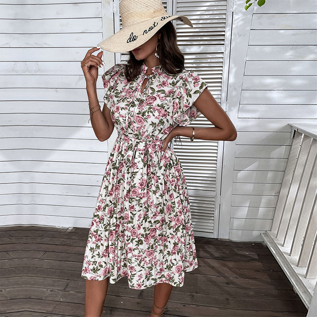Robe Florale Élégante pour Femmes | Ceinture et Design de Rose d'Été