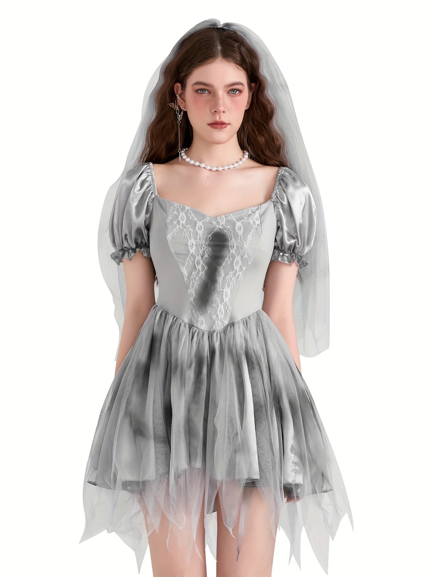 Robe de Mariée Cadavérique Gothique | Mini Robe à Manches Bouffantes et Tulle