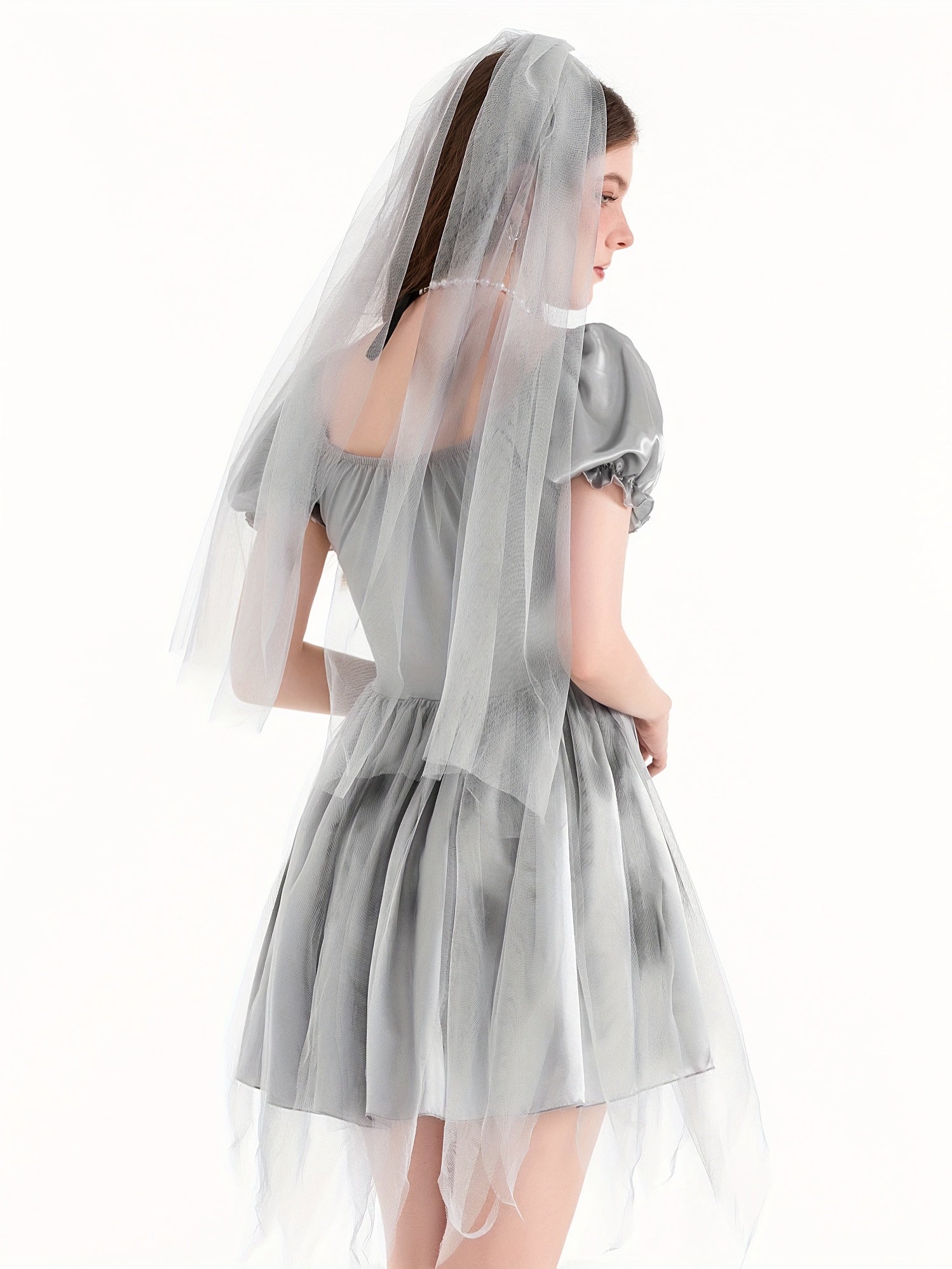 Robe de Mariée Cadavérique Gothique | Mini Robe à Manches Bouffantes et Tulle