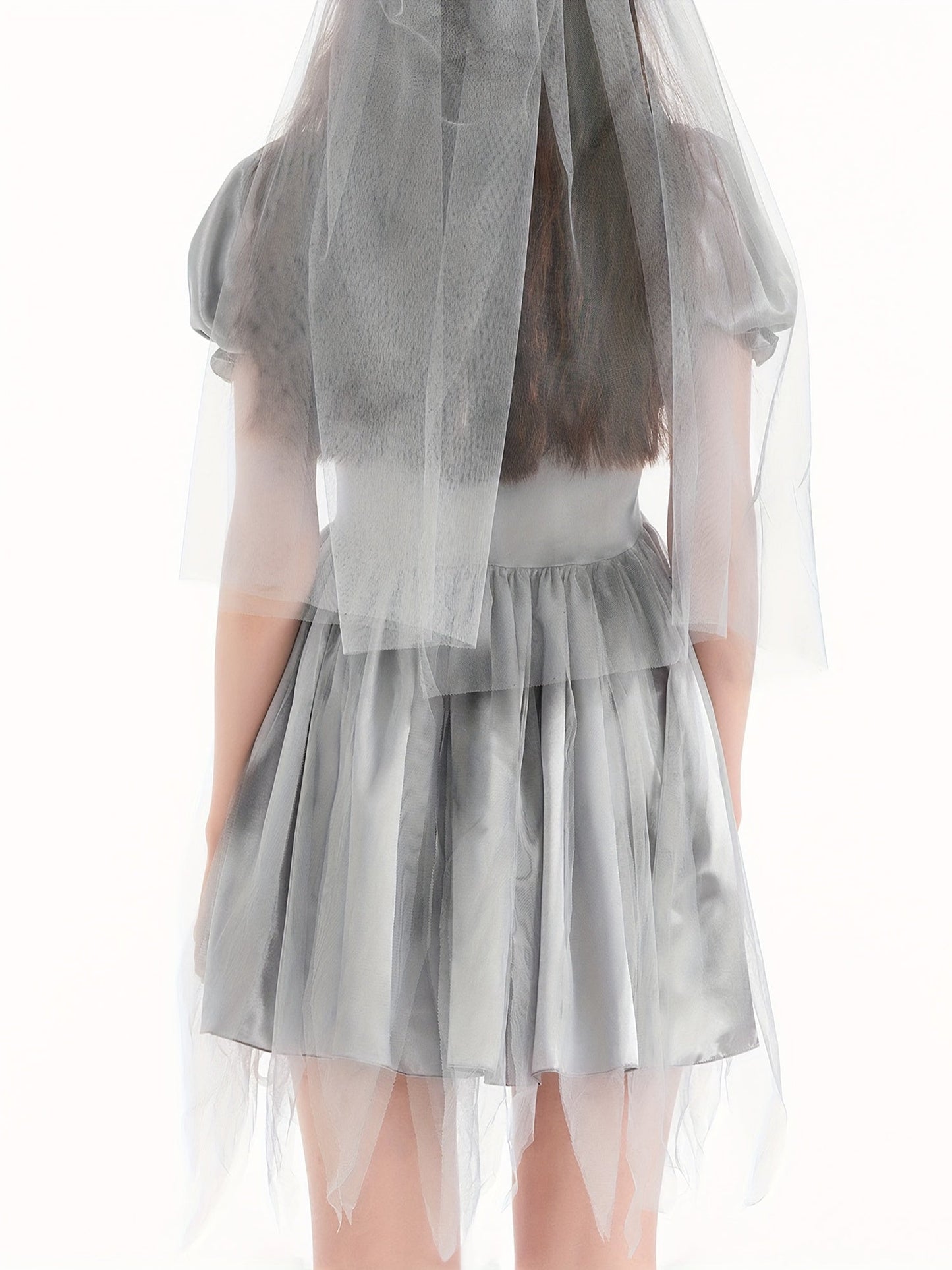 Robe de Mariée Cadavérique Gothique | Mini Robe à Manches Bouffantes et Tulle