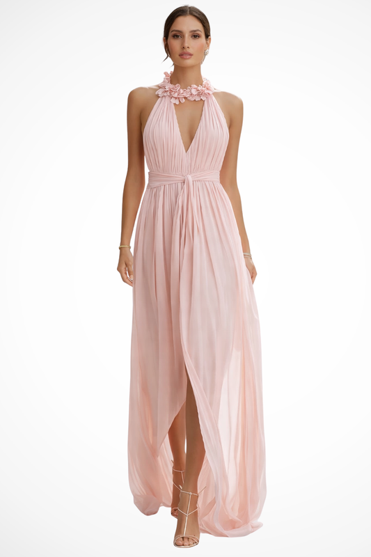 Robe Maxi Chiffon Élégante | Design à Col Halter Plissé