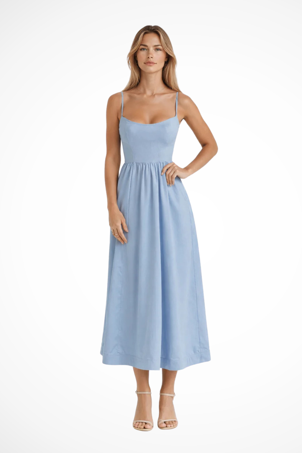 Robe Midi Élégante pour Femmes | Corsage Structuré et Bretelles Fines