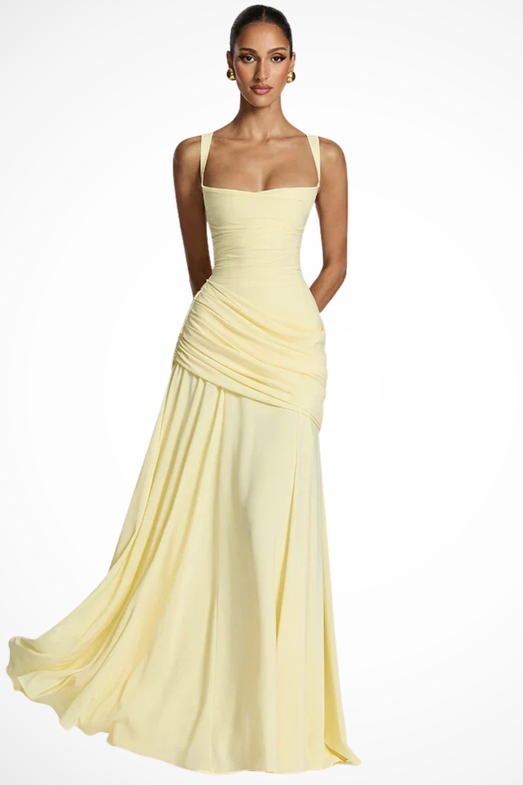 Robe de Soirée Maxi Élegante | Col Carré et Détails Froncés