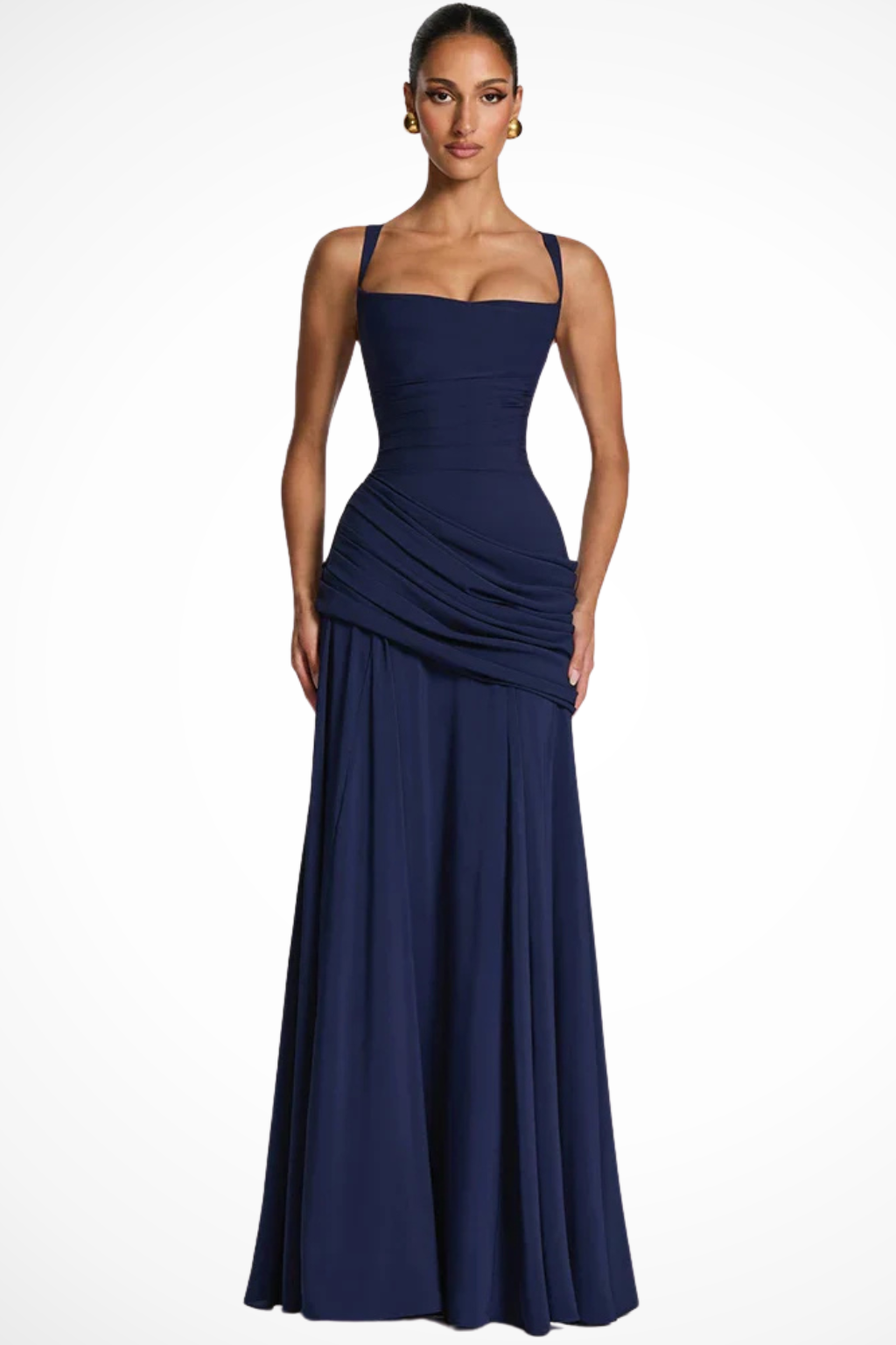 Robe de Soirée Maxi Élegante | Col Carré et Détails Froncés