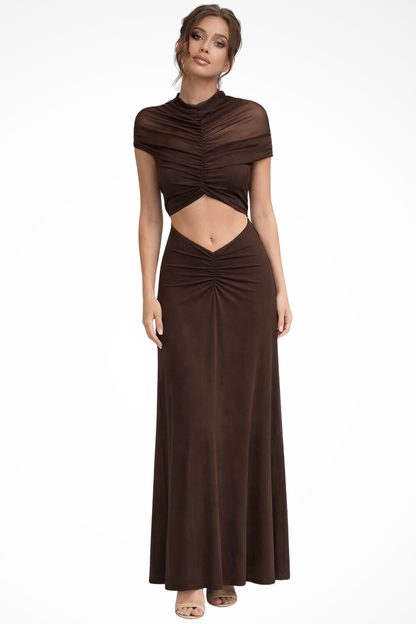 Robe de Soirée Maxi Élégante | Col Haut et Taille Découpée