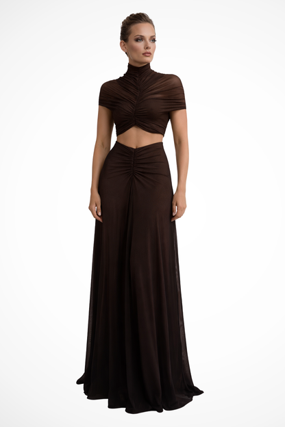 Robe de Soirée Maxi Élégante | Taille Froncée et Col Haut