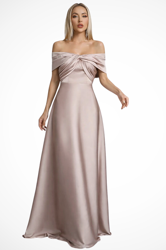 Robe Satinée Longue Élégante | Épaules Dégagées et Nœud