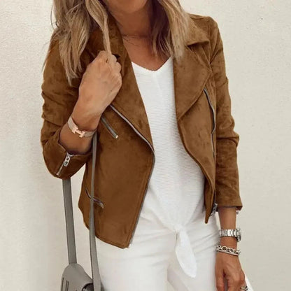 Veste de Moto Femme en Faux Daim | Fermeture Éclair Asymétrique et Poches Zippées