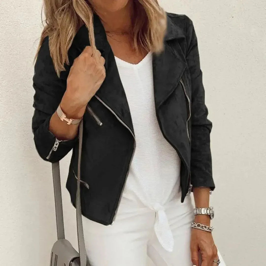 Veste de Moto Femme en Faux Daim | Fermeture Éclair Asymétrique et Poches Zippées