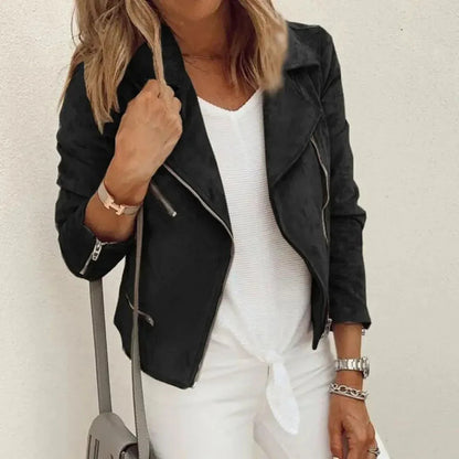 Veste de Moto Femme en Faux Daim | Fermeture Éclair Asymétrique et Poches Zippées
