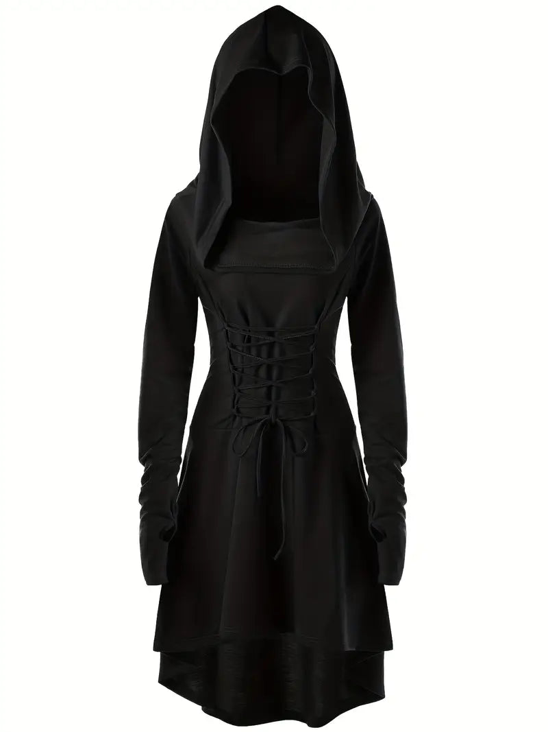 Robe Halloween Gothique à Lacets | Élégance Mystérieuse avec Capuche