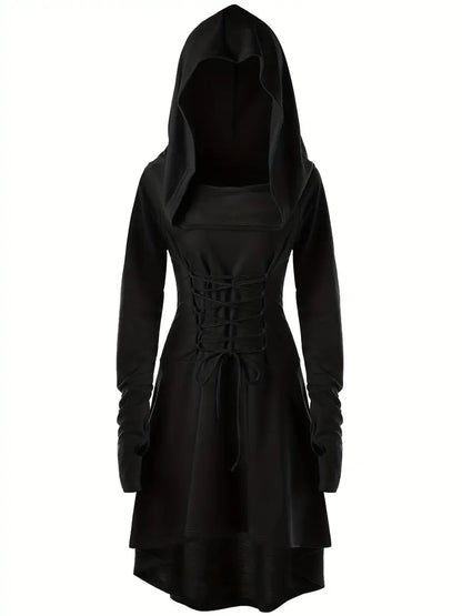 Robe Halloween Gothique à Lacets | Élégance Mystérieuse avec Capuche